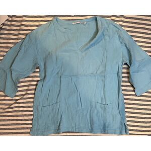 Light Blue Gauze Tunic Top V Neck‎ 3/4 Sleeve Pockets Size M